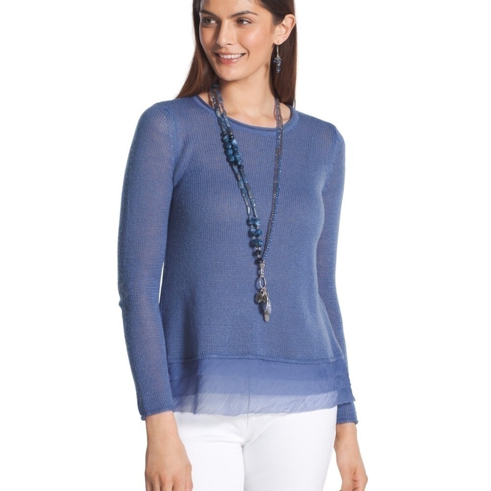 Chico’s blue long sleeve sweater with sheer tiered hem detail size 2 (US 12/14)